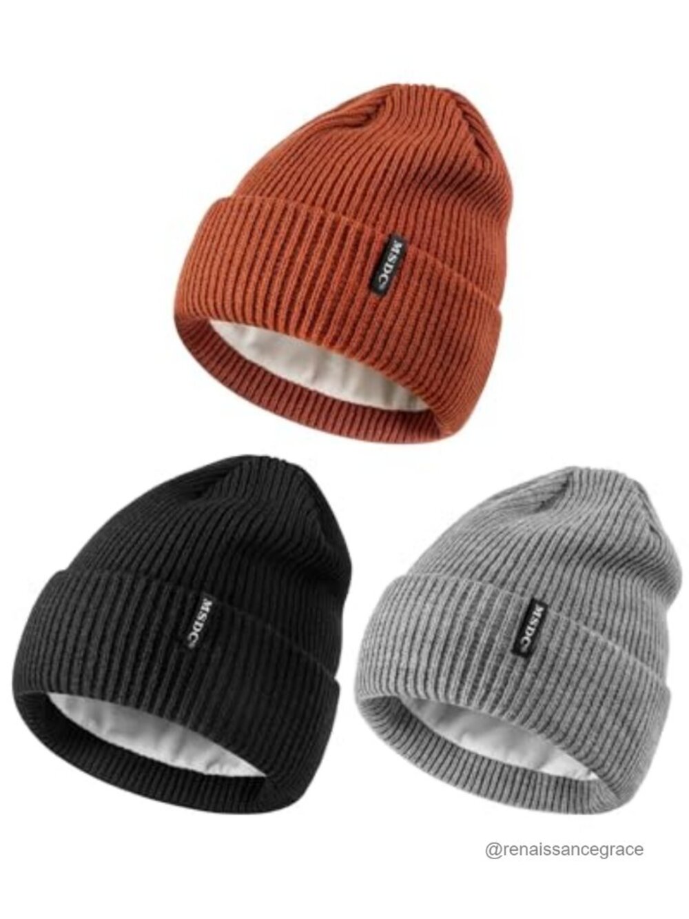 Unisex Fleece-Lined Beanie 3-Pack Winter Knit Skull Cap Stretchy
